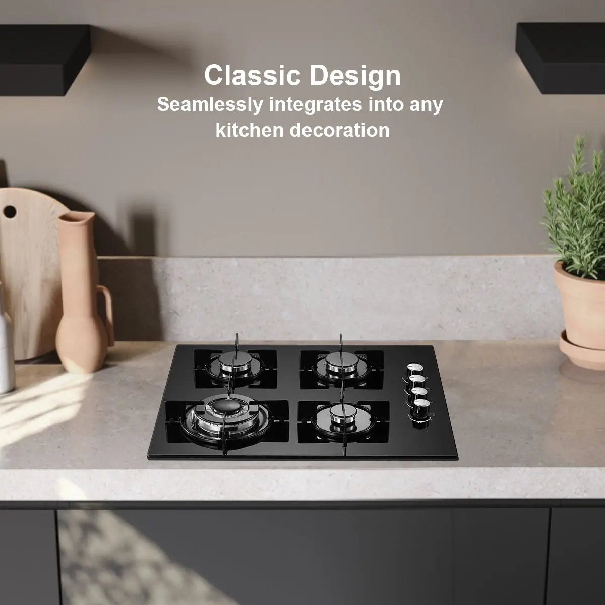 Piano cottura a gas da 60 cm con 4 fuochi, 8000 W, doppia alimentazione (gas naturale/propano), protezione automatica della fiamma, vetro temperato, installazione a incasso o a libera installazione, 220-240 V.