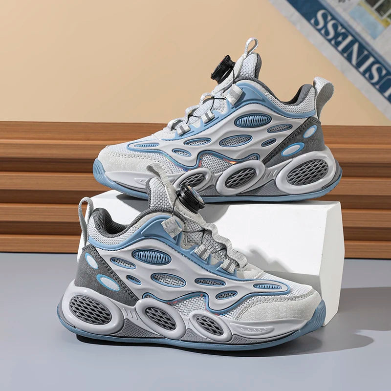 Scarpe da bambino 2024 Nuove scarpe sportive casual per bambini primavera e autunno con chiusura a bottone rotante e rete traspirante