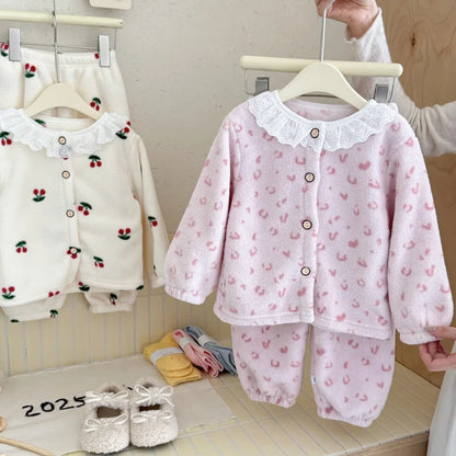 Completo pigiama invernale per bambina, 2 pezzi, caldo pile con bordo in pizzo, maglia a maniche lunghe e pantaloni, grazioso completo per la casa, abbigliamento casual per Natale
