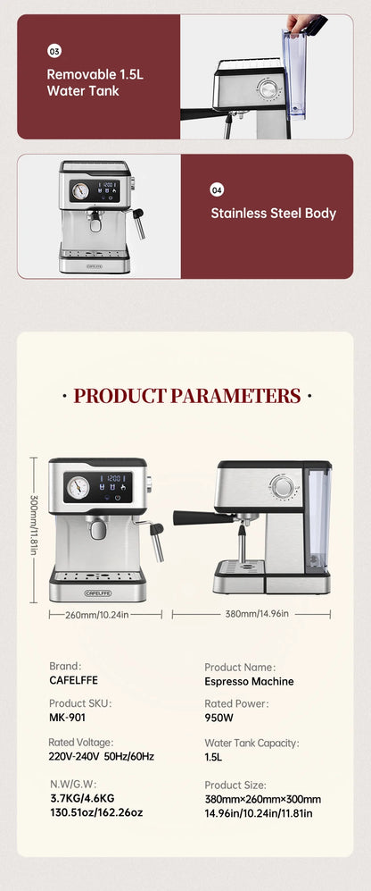 Macchina per caffè espresso Cafelffe 20 bar, macchina per cappuccino con montalatte e lancia vapore, macchina per caffè, regalo Cafetera semi-automatica