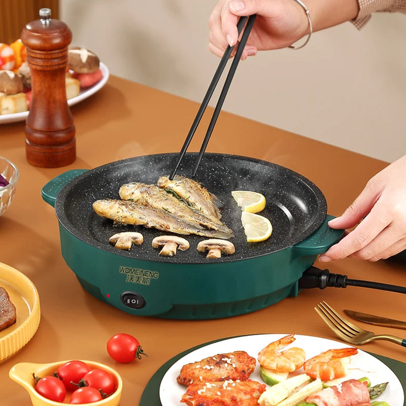 Padella elettrica multicooker 220V per uso domestico, barbecue, frittura di pesce, bistecca, padella antiaderente, macchina per cucinare