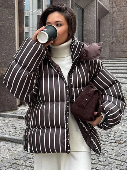 2025 Winter Striped Women's Hooded Quilted Jacket Thicken Zipper Long Sleeve Short Coat New Casual Female Loose Warm Outerwear