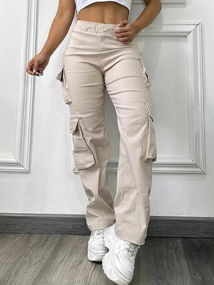 Pantaloni da lavoro elasticizzati a vita alta con tasche, tinta unita, da donna