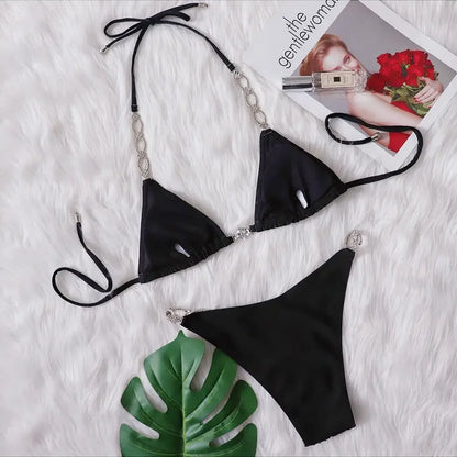 Bikini sexy da donna in 6 colori con strass cavi e allacciatura a catena, set bikini da spiaggia di lusso.