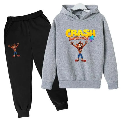 Completo per bambini con felpa con cappuccio e pantaloni a tema Crash Bandicoot, ideale per primavera e autunno, taglie 3-13 anni, abbigliamento casual per bambini e bambine.