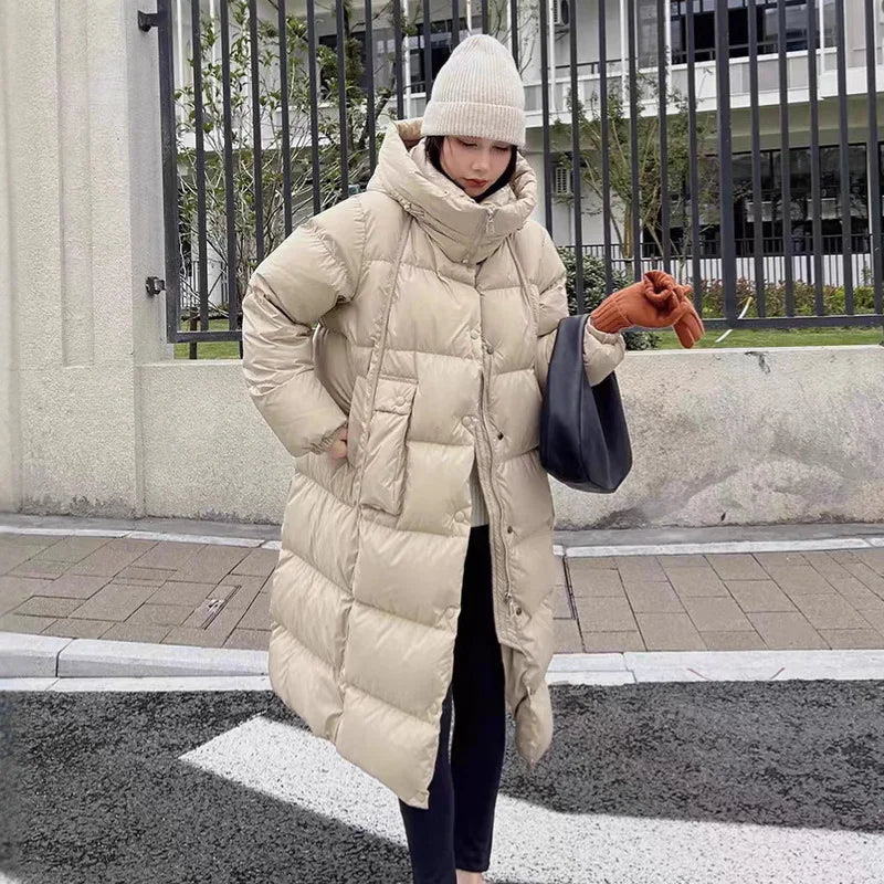 Winter Thicken Long Hooded Down Jacket Women White Duck Down Parker Knee Length Jackets Female Warm Zipper Waterproof Outwears