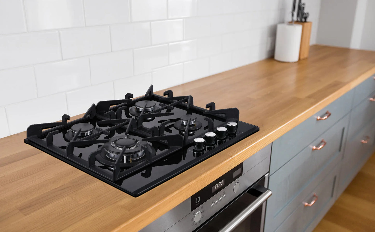 Piano cottura a gas da 24 pollici a 4 fuochi | Convertibile a doppio combustibile NG/GPL | Protezione termocoppia e design integrato | Vetro nero temperato