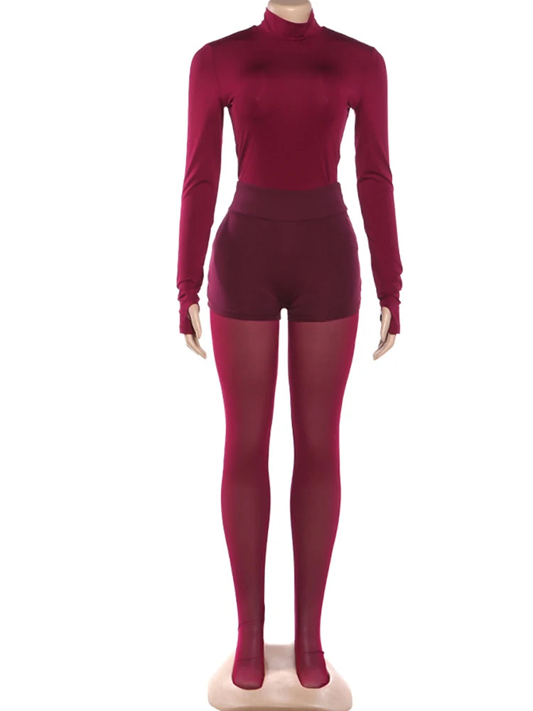 Sisterlinda Wild Mesh Patchwork Set da 3 pezzi da donna con scollo a V, maniche lunghe, pantaloncini e leggings sottili, attillati ed elasticizzati, abbigliamento da discoteca di mezzanotte