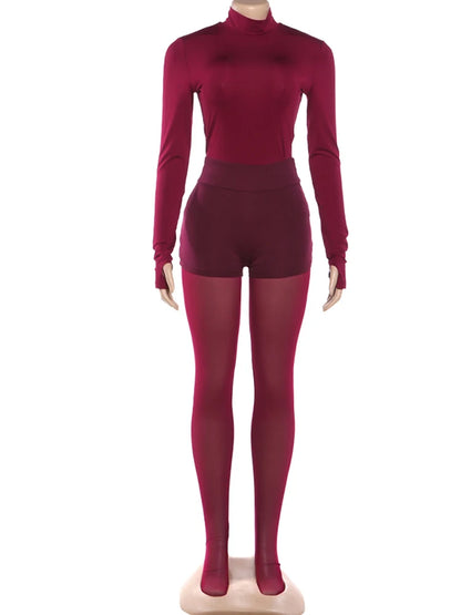 Sisterlinda Wild Mesh Patchwork 3 Piece Set Woman o-Neck Full Sleeve Tops+Shorts+Thin Leggings Tight Stretch Midnight Clubwear