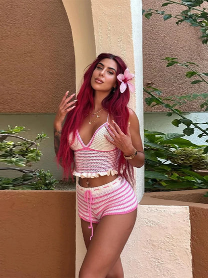 Completo da spiaggia sexy da donna in maglia, senza schienale, scollo a V profondo, senza maniche, top corto, pantaloncini, completo estivo da donna a righe, 2026