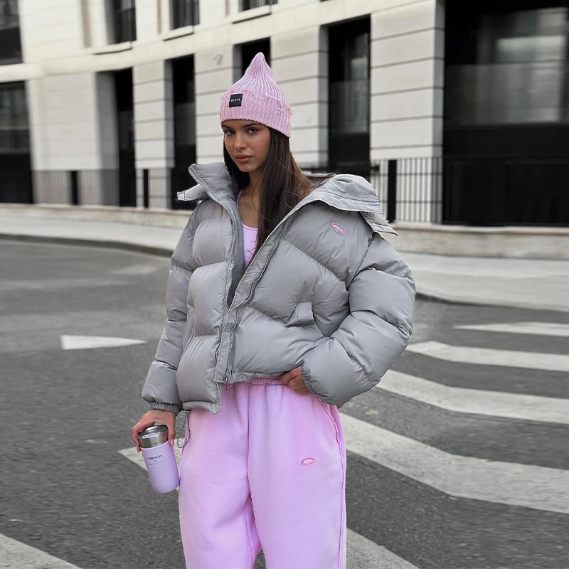 Casual Leopard Print Hooded Puffer Jacket Women Stand Collar Zipper Short Puffy Coat 2025 Winter Lady Street Warm Outerwears New