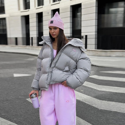 Casual Leopard Print Hooded Puffer Jacket Women Stand Collar Zipper Short Puffy Coat 2025 Winter Lady Street Warm Outerwears New