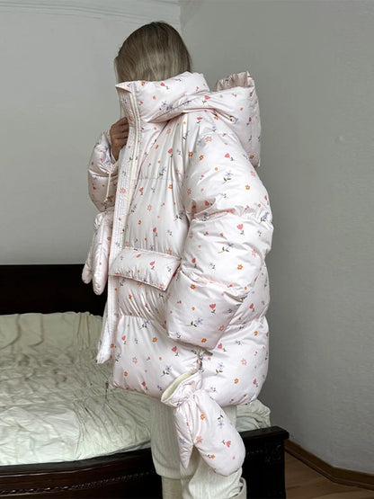 Print Oversized Hoodie Puffer Jacket Women Stand Collar Full Sleeve Sherpa Lined Pocket Zipper Coat 2026 Winter Warm Snowear
