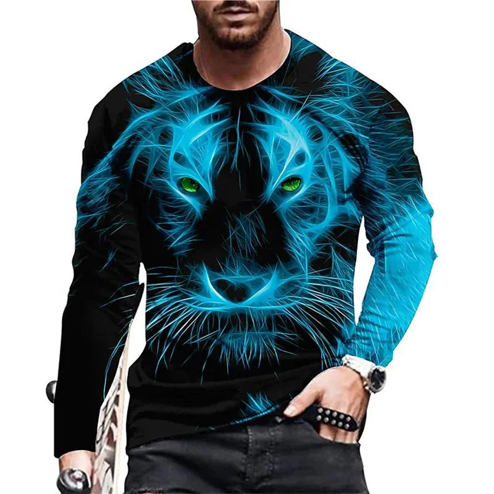 T-shirt da uomo vintage con stampa, maniche lunghe, stampa 3D tigre, girocollo ampio, abbigliamento uomo con animali, t-shirt oversize autunnale da uomo