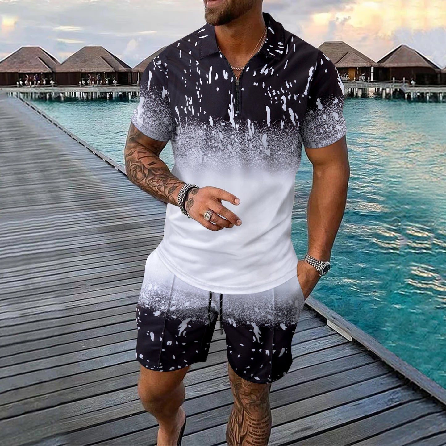 Interessante set da uomo a maniche corte con stampa a quadri 3D, camicia polo con cerniera alla moda, completo estivo ampio, set di t-shirt Ropa Hombre