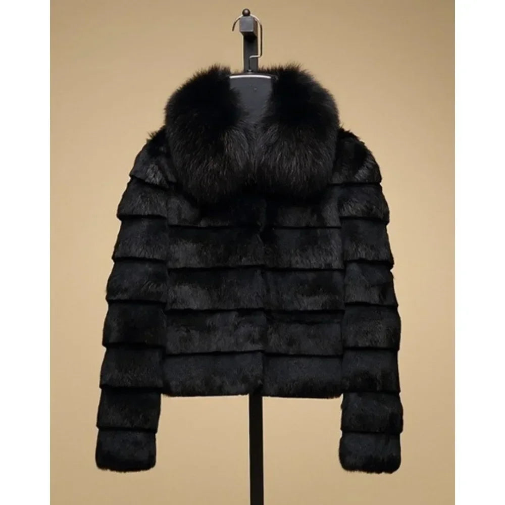 Giacca di pelliccia con collo in pelliccia di volpe naturale da donna, giacca di pelliccia di volpe a pelo intero, gilet di pelliccia di coniglio invernale, nuovo cappotto di vera pelliccia di coniglio da donna