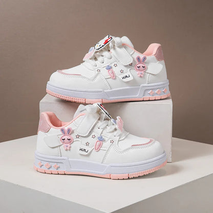 Scarpe casual per bambini, sneakers con cartoni animati, in pelle PU, scarpe sportive primaverili e autunnali per bambini, antiscivolo, rosa e viola, taglie 26-37