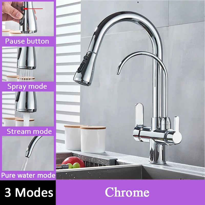 Black Filtered Faucet Brass Purifier Kitchen Faucet Dual Handle Drinking Water Vessel Sink Mixer Tap Torneira for Kitchen