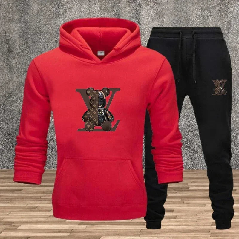 Nuovo set da uomo con felpa con cappuccio stampata, tessuto morbido, casual, streetwear, fitness, jogging, abbigliamento sportivo, completo a 2 pezzi, comodo