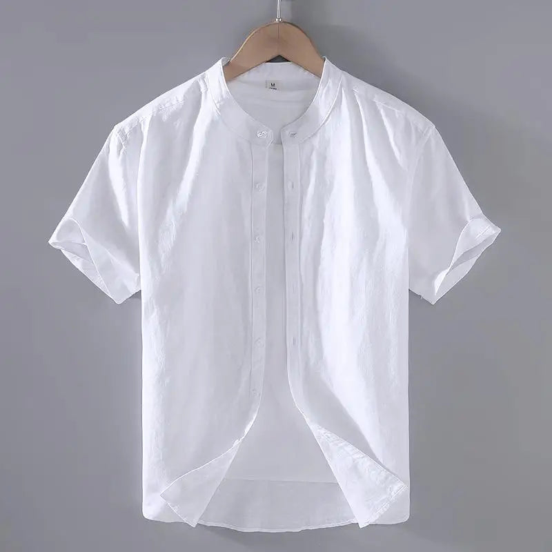 Camicia da uomo in cotone e lino a maniche corte, estiva, stile streetwear, tinta unita, collo alto, casual, stile spiaggia, taglie forti dalla M alla 3XL