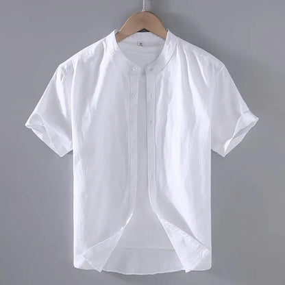 Camicia da uomo in cotone e lino a maniche corte, estiva, stile streetwear, tinta unita, collo alto, casual, stile spiaggia, taglie forti dalla M alla 3XL