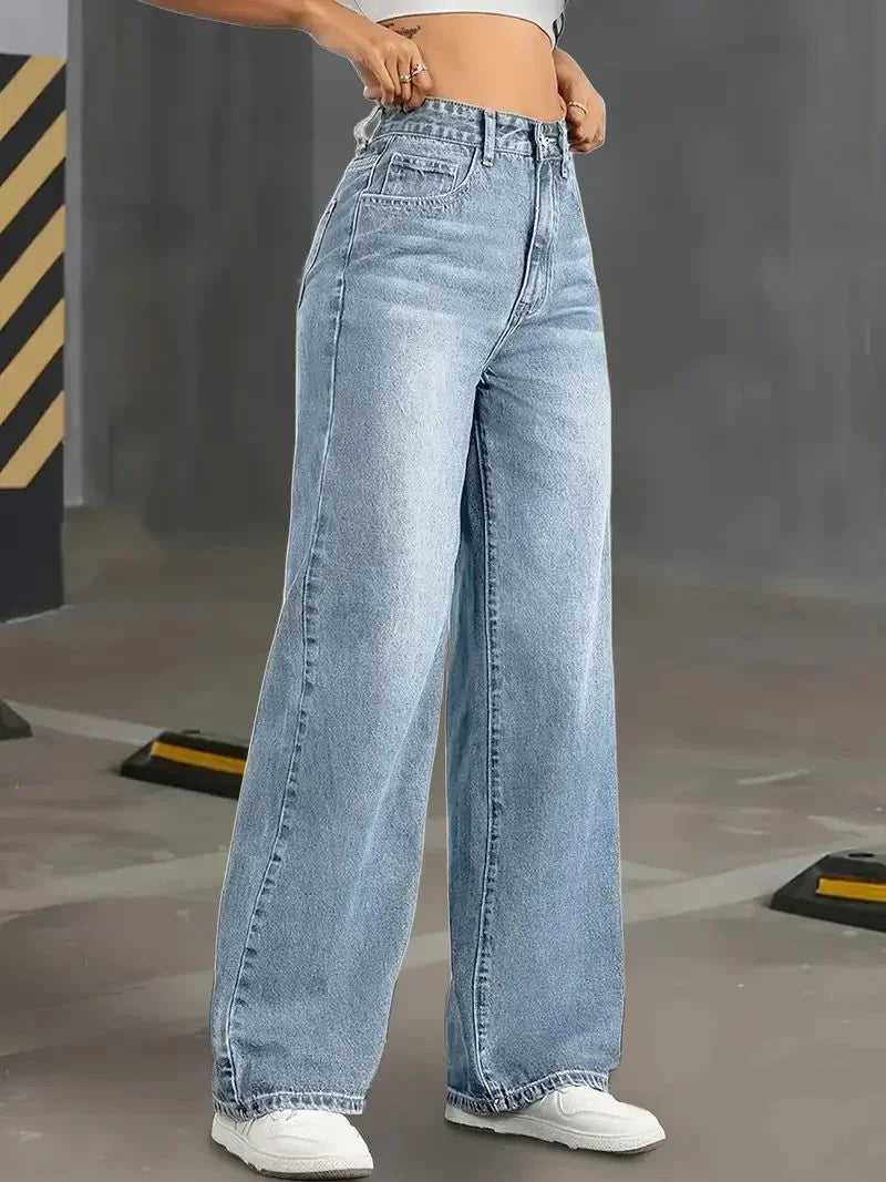 Jeans Y2k da donna, classici, blu, gamba dritta elasticizzata, design semplice, stile retrò, pantaloni in denim elasticizzato
