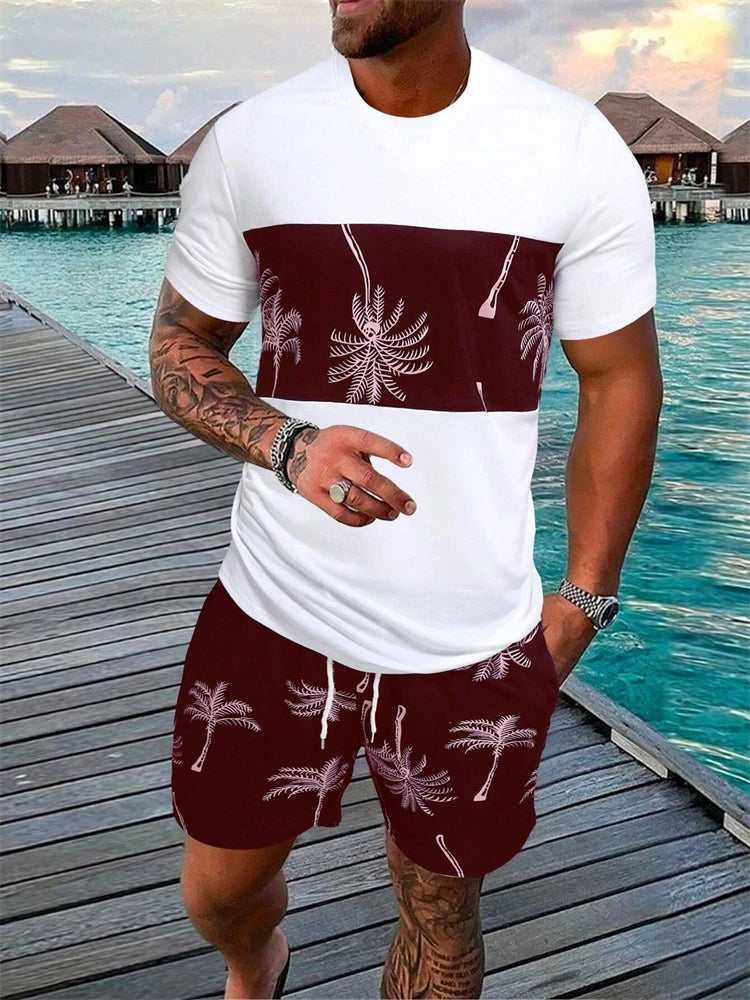 Completo da uomo estivo alla moda con stampa hawaiana di cocco 2024, composto da t-shirt, pantaloncini e tuta sportiva traspirante a due pezzi con stampa 3D a maniche corte.