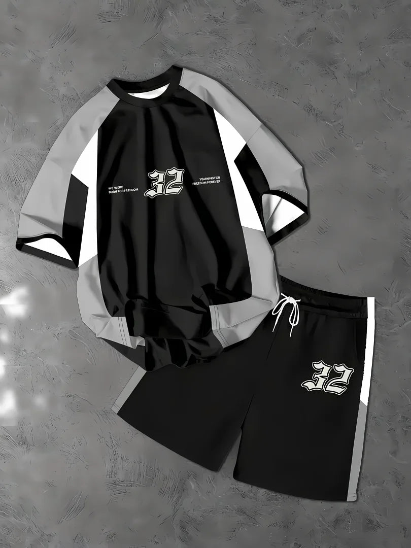 Completo estivo da uomo con pullover girocollo, t-shirt sportiva con stampa di lettere, pantaloncini a maniche corte morbidi, set due pezzi con t-shirt.