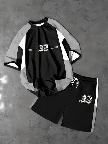 Completo estivo da uomo con pullover girocollo, t-shirt sportiva con stampa di lettere, pantaloncini a maniche corte morbidi, set due pezzi con t-shirt.