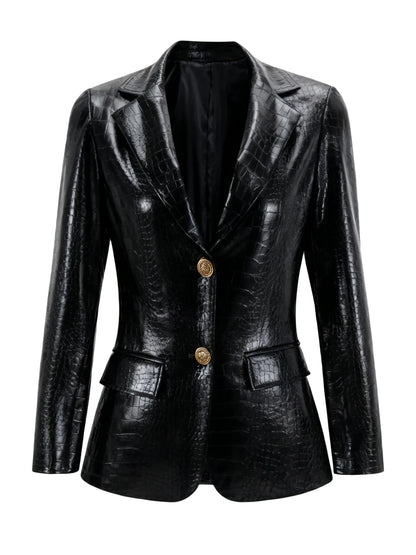 Women's Crocodile PU Leather Blazer, Retro Brown Fitted Jacket for Office & Professional Wear, All-Season Elegant Coat