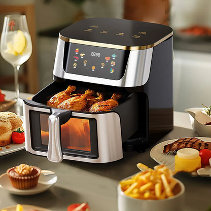 Friggitrice ad aria elettrica ad alta capacità visibile in acciaio inossidabile da 8 litri, forno ad aria multifunzione, touch screen a LED, alta temperatura a 210 °