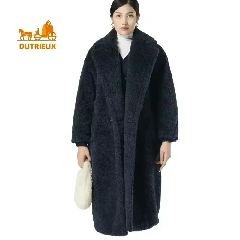 DUTRIEUX Women's Long Teddy Bear Coat, 2025 Winter New Style, Thickened Warm Alpaca Wool and Cashmere Long Genuine Fur Coat