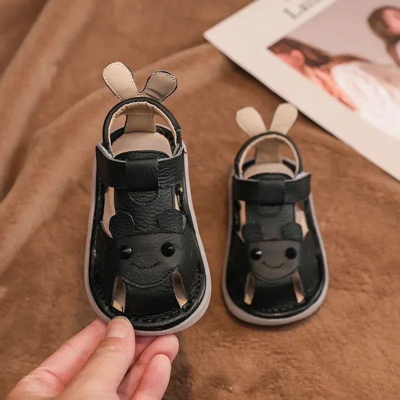 Sandali in vera pelle per neonati e bambini, scarpe estive da spiaggia con personaggi dei cartoni animati, scarpe casual per neonati con suola morbida e antiscivolo.