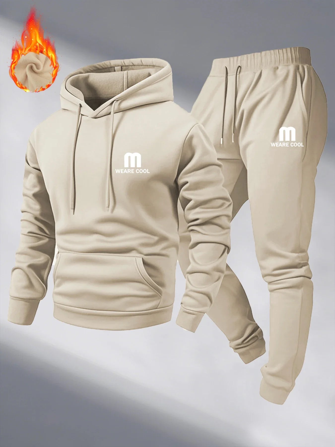 Winter and autumn fleece thickened hooded pullover sweater jacket for men, casual sports outfit, two-piece set for men