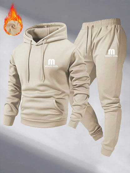 Winter and autumn fleece thickened hooded pullover sweater jacket for men, casual sports outfit, two-piece set for men