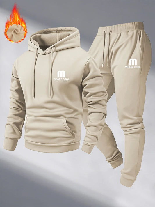 Winter and autumn fleece thickened hooded pullover sweater jacket for men, casual sports outfit, two-piece set for men