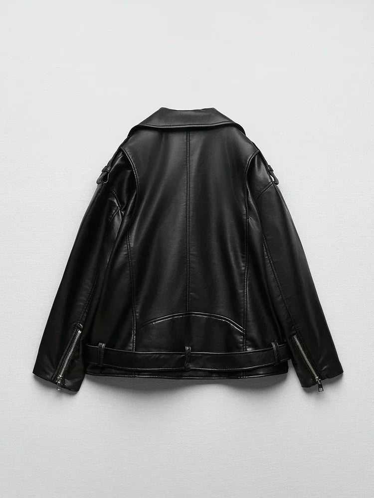 Women Loose Motorcycle Biker Black Pu Faux Leather Jacket with Belt Spring Autumn Female Zipper Coat Outwear 2025