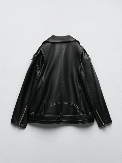 Women Loose Motorcycle Biker Black Pu Faux Leather Jacket with Belt Spring Autumn Female Zipper Coat Outwear 2025