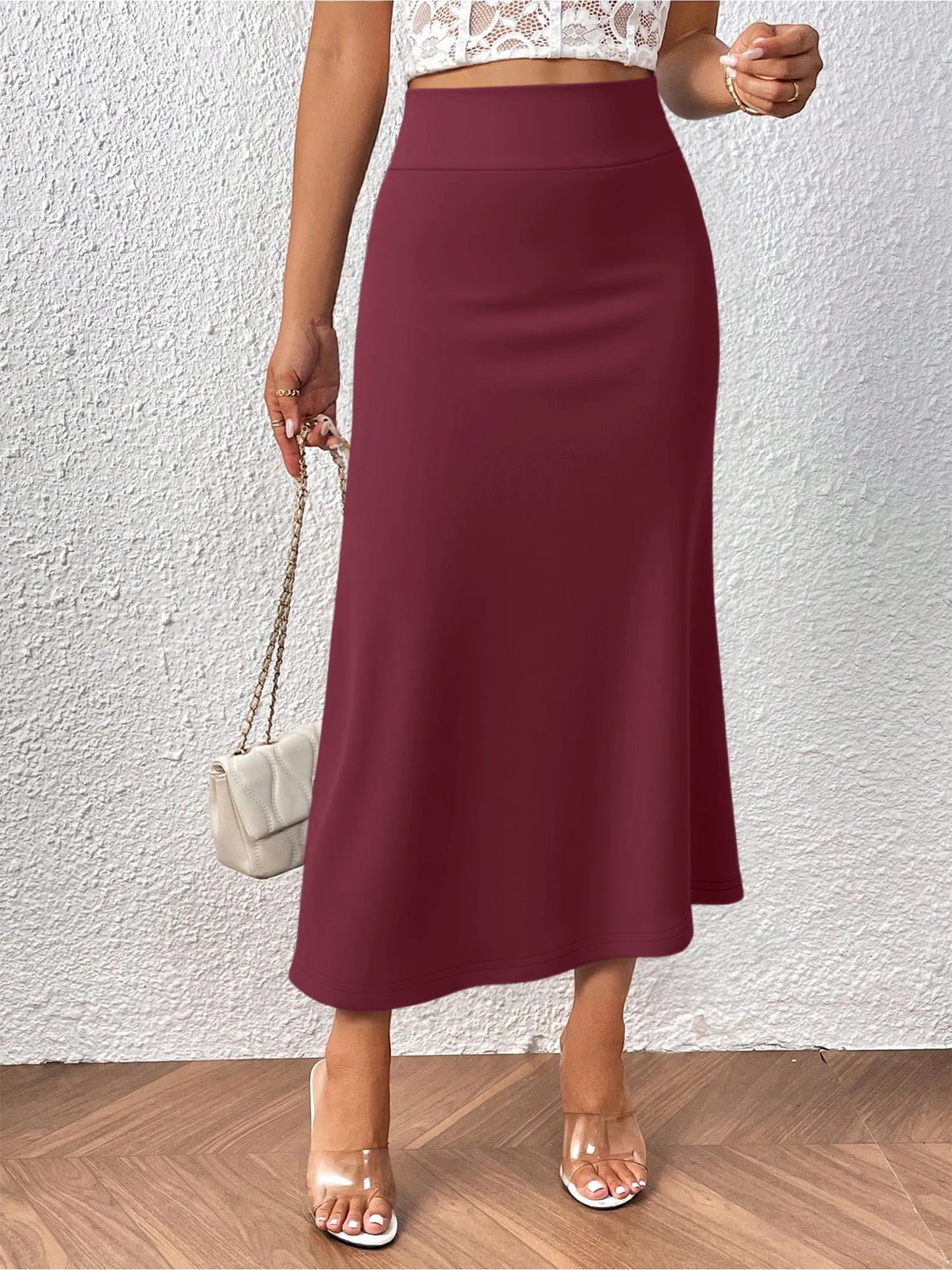 Versatile Midi Skirt High Waisted Flared Design Smooth Texture Suitable for Spring Gardens Summer Markets Autumn Walks