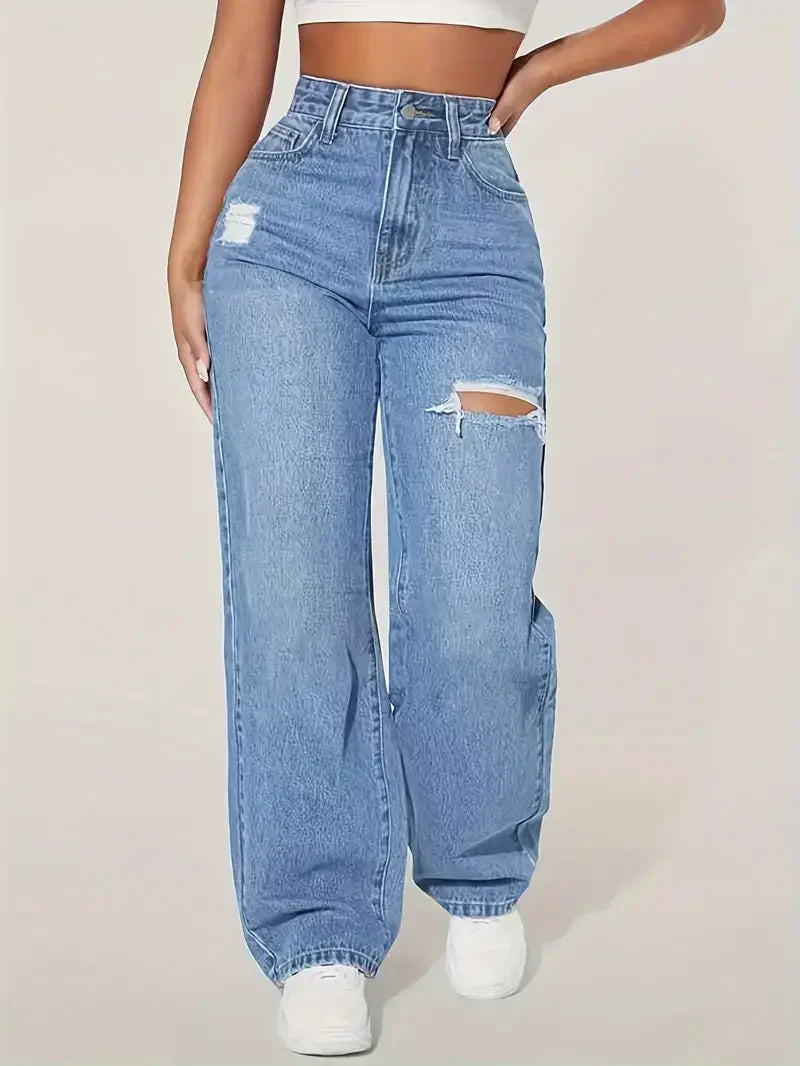 Jeans dritti a gamba larga effetto consumato alla moda per donna, pantaloni in denim casual elasticizzati a zampa d'elefante, bestseller, jeans da donna alla moda