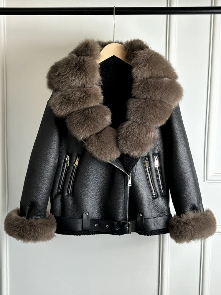 Janveny 2024 Winter Fake Leather Coat Real Natural Fox Fur Collar Cuff Women Thick Warm Large Lapel Fur Lining Leather Jacket