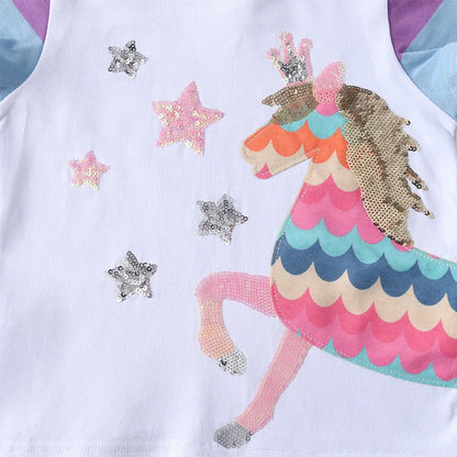 Completo estivo per bambine VIKITA con unicorno, paillettes e applicazioni, composto da maglietta a righe in cotone e pantaloni, 2 pezzi.