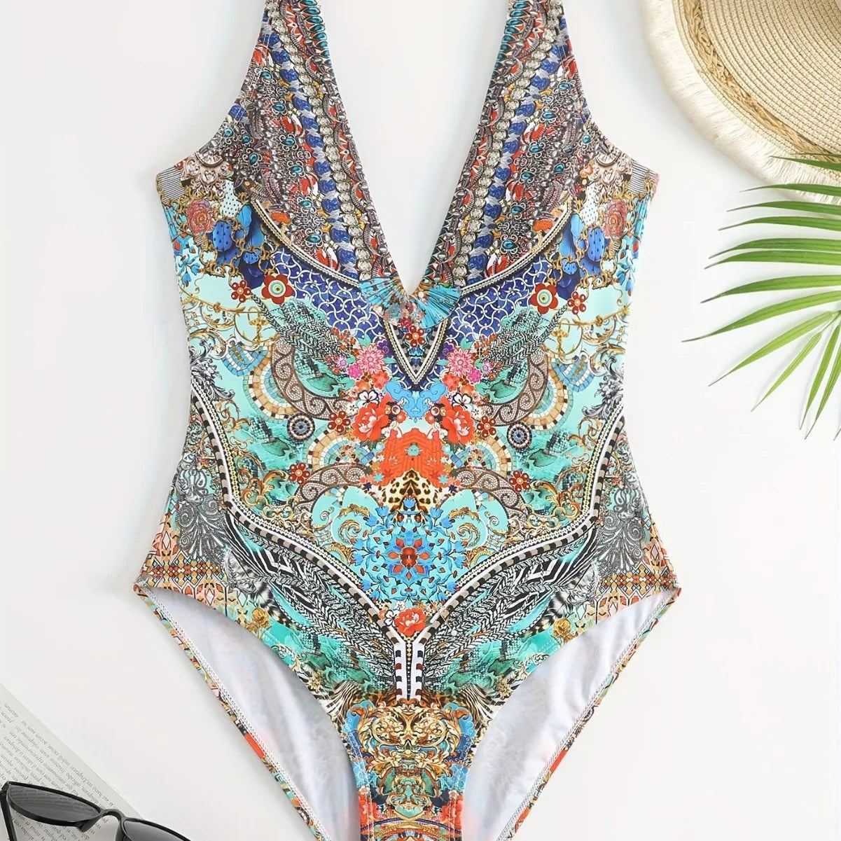Sexy Print V-Neck One-Piece Bikini Swimwear Thermal Spring Vacation Women's Fashionable Trendy Swimsuit with Strap