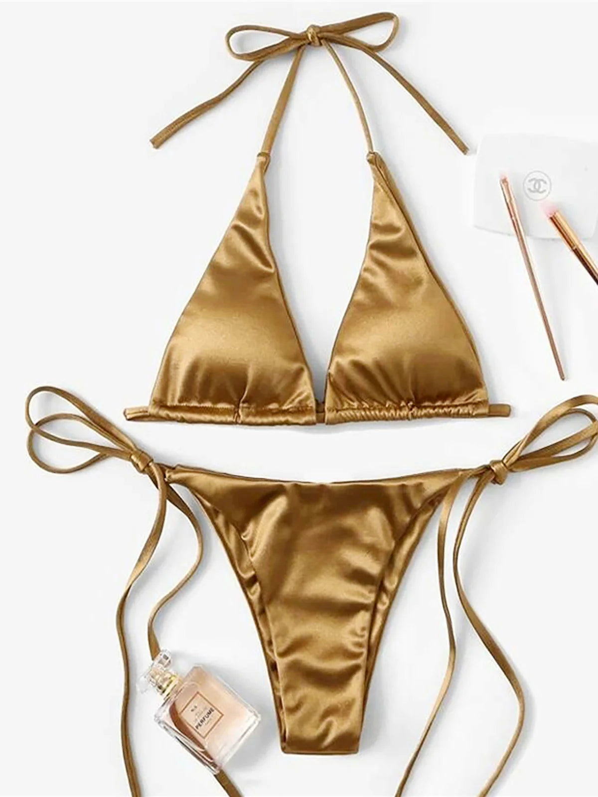 Bikini brasiliano sexy in raso con allacciatura al collo, disponibile in 13 colori, per donna. Costume da bagno a due pezzi. Set bikini da bagno K4966