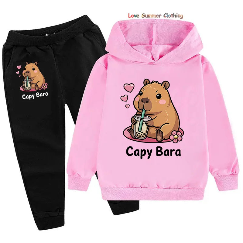 Set di 2 pezzi per bambine con felpa e pantaloni da jogging con stampa capibara, completo comodo per bambini, abbigliamento da gioco con capibara, lavabile in lavatrice, completo sportivo coordinato per tutti i giorni per ragazzi.