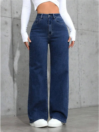 Jeans da donna a vita alta e gamba dritta, vestibilità ampia, colore blu americano slavato, alla moda, con tasche anteriori e posteriori, perfetti per l'uso quotidiano e casual.