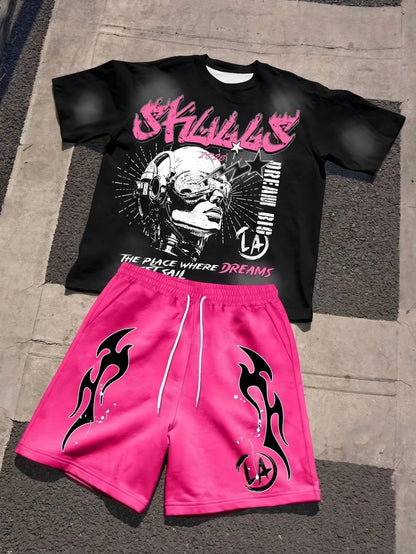 Summer men's fashionable breathable comfortable letter printed round neck T-shirt shorts set outdoor casual top