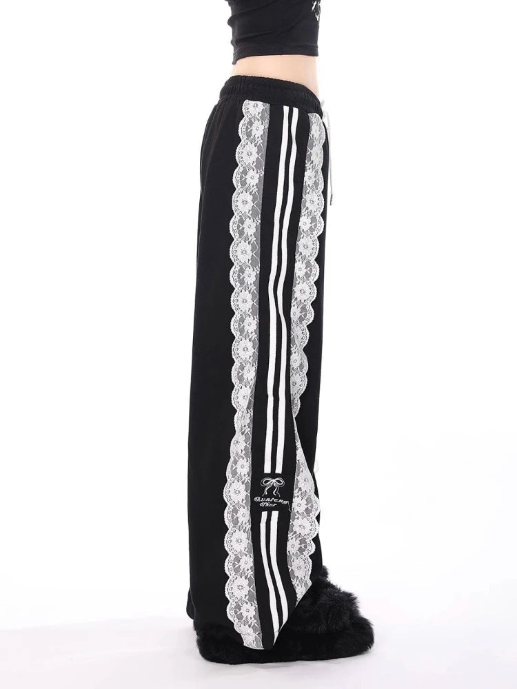 Pantaloni da jogging larghi coreani chic autunnali da donna con coulisse in pizzo patchwork Y2k, pantaloni da donna nuovi pantaloni casual alla moda