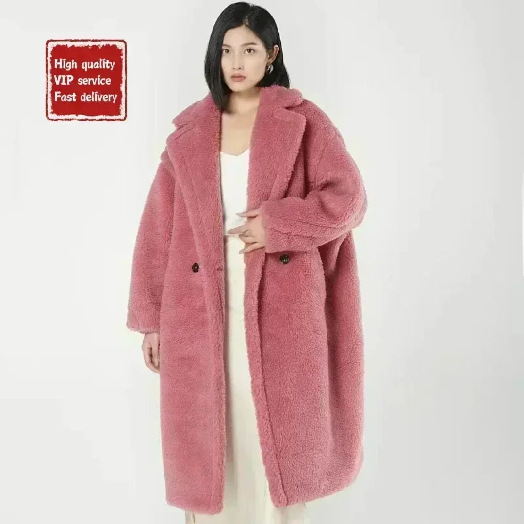 DUTRIEUX Women's Long Teddy Bear Coat, 2025 Winter New Style, Thickened Warm Alpaca Wool and Cashmere Long Genuine Fur Coat