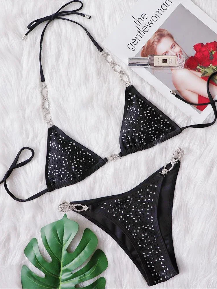 Bikini sexy da donna in 6 colori con strass cavi e allacciatura a catena, set bikini da spiaggia di lusso.